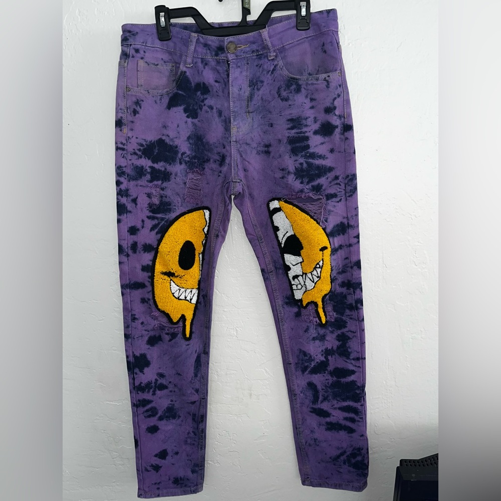 Mens Custom Cartoon Graphic Ripped Purple unbranded Smile skull Face Denim Jeans